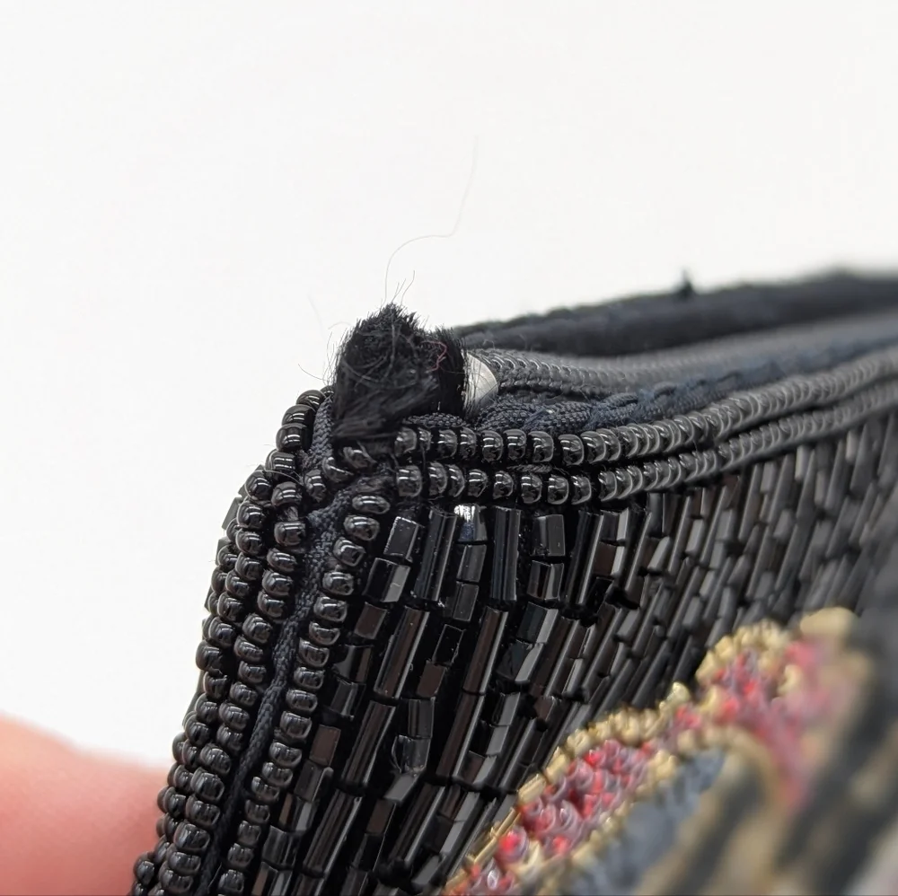 Vintage Small Fully Beaded Black Gold Red Zip Up Clutch Purse